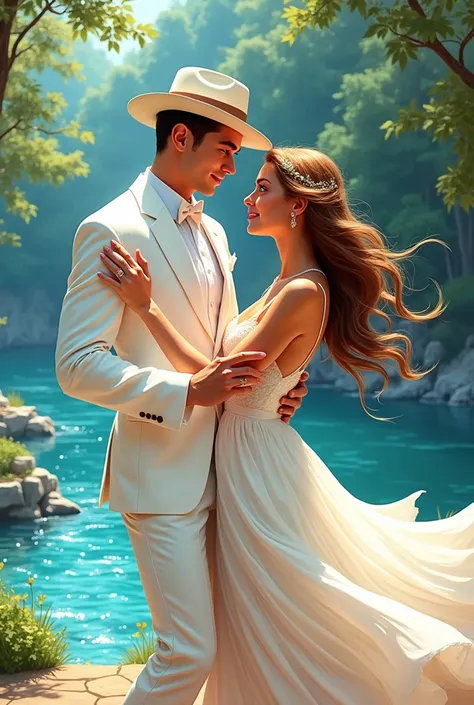 use the same character to make a man, handsome young man with blue eyes in a white suit and a formal hat dancing elegantly with a girl at a riverside party. in comic style.