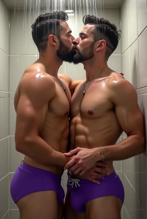 2 men which taking a shower showing off their bright purple speedos one off them kiss the bulge from.the ohter