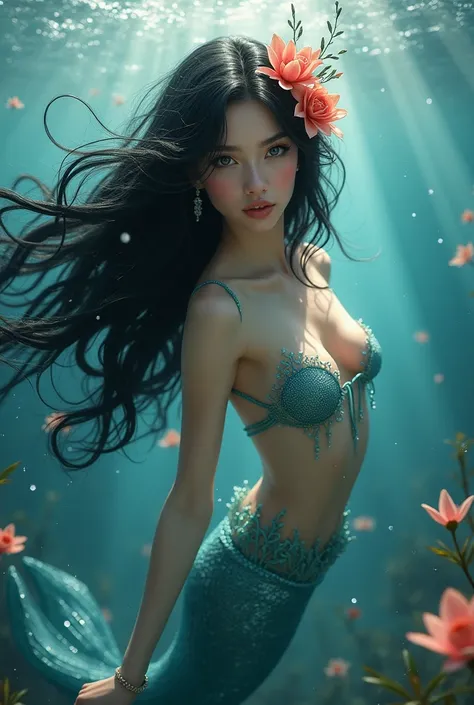 mermaid, black hair adorned with flowers, swimming in the seas, looking at the camera