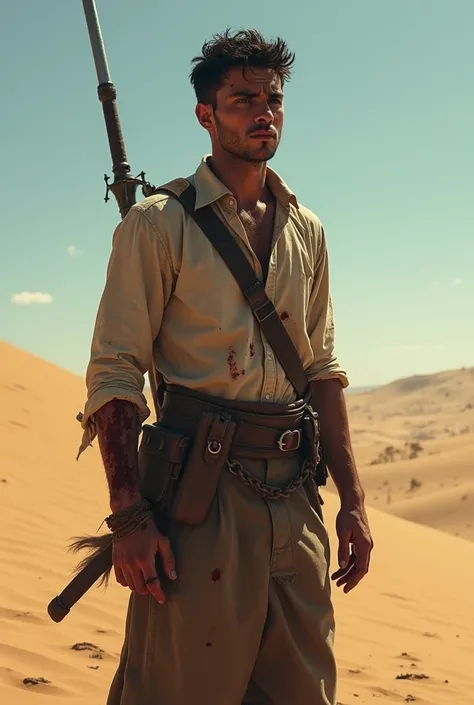 sad young man in the desert wounded