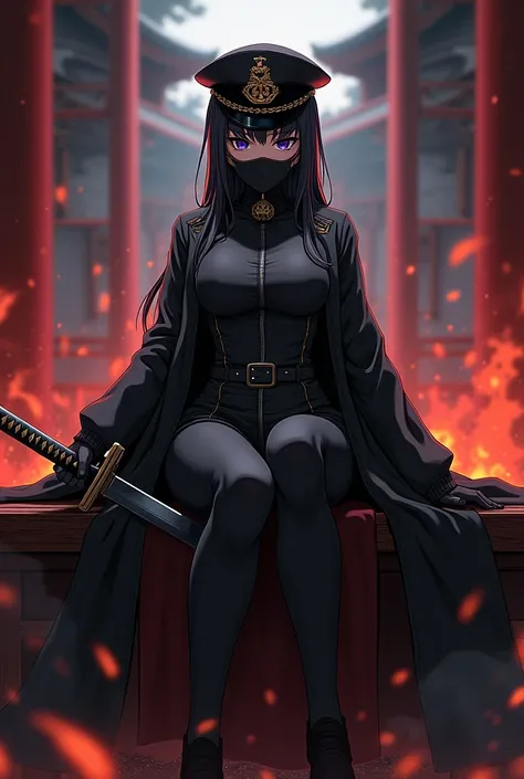 Anime girl wearing a long black jacket and tight clothes, wearing a war generals hat, sitting on the royal bench arrogantly, holding a katana, wearing a mask, the atmosphere in the Japanese castle is burning, full of aura