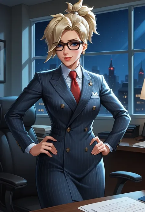 score_9, score_8_up, score_7_up,score_6_up, score_5_up, 1girl, Mercy (Overwatch), solo, pretty face, blonde hair, ponytail, light blush, makeup, lipstick, medium perky breasts, seductive eyes, double-breasted suits, 1girl, solo, glasses, formal, jewelry, s...