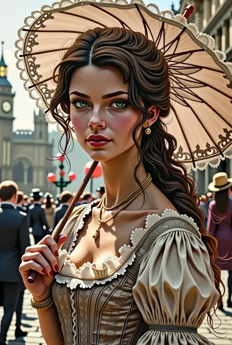 1 girl, Brown hair, green eyes, thick and slightly red lips, Hair collected, with Victorian era dress, with a parasol and a London landscape in 1880