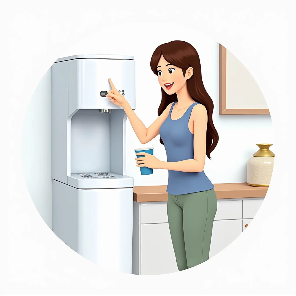 woman using an automatic water dispenser machine clicking with 1 finger full hd max realistic image she is standing holding a cup she is happy and wearing a blue tank top
