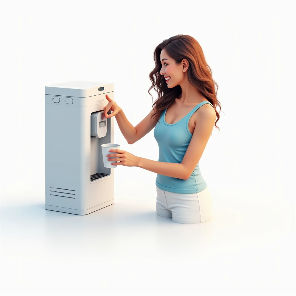 woman using an automatic water dispenser machine clicking with 1 finger full hd max realistic image she is standing holding a cup she is happy and wearing a blue tank top
