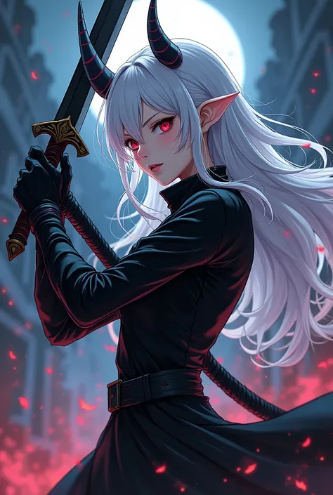 there is a cartoon of a girl with white hair and a sword, as a dnd character, as an anime character, goth ninja, anime style character, neferpitou, gapmoe yandere grimdark, fit male demon with white horns, character adoptable, holds a black sword, asriel d...