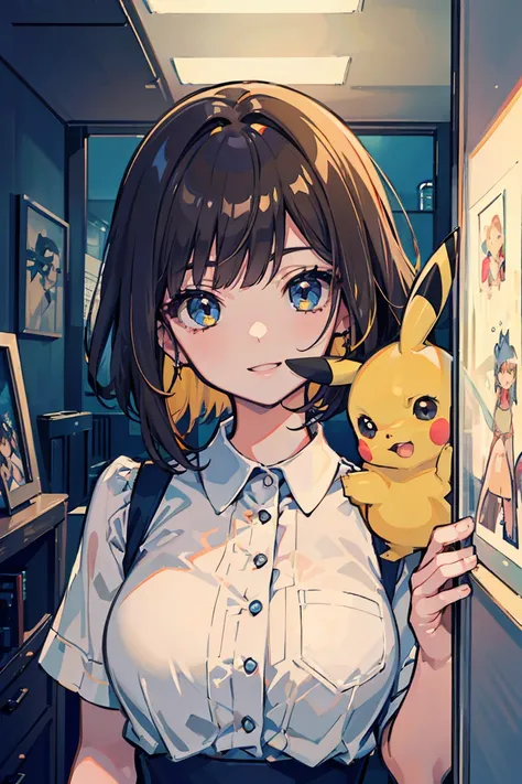 anime, (1 girl),Cowboy Shot, (super high quality),(Pikachu), Lively fashion, Main color yellow, Sub color brown, ,smile, masterpiece, ,Warmth, Shiny Hair, whole body, Warmthのある色調を放つ太陽の光,  Perfect body, (E Cup:1.2), Fresh, (Asymmetrical bangs:1.3), Highly d...