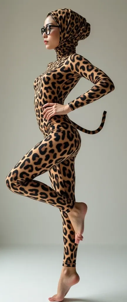 the twenty nine years old asian chinese contortion muslimah wearing a pair of black glasses wears mix leopard print lycra and spandex turtleneck unitard catsuit and mix leopard print lycra dancewear hijab.She looks like a cute cat.