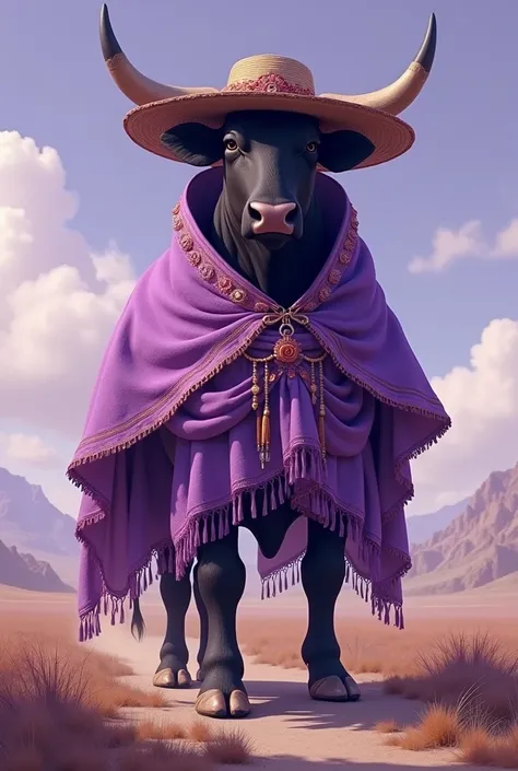 Bull in traditional gaucho clothing in lilac color
