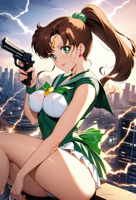 masterpiece, Highest quality, High resolution, ((Sailor Jupiter)),1990s (style),、(E-cup beautiful breasts)、tall、Hosomi、sexy、Anime-style painting style,Brown Hair、ponytail、A composition that shows the whole body、Composition from the front、The background is ...