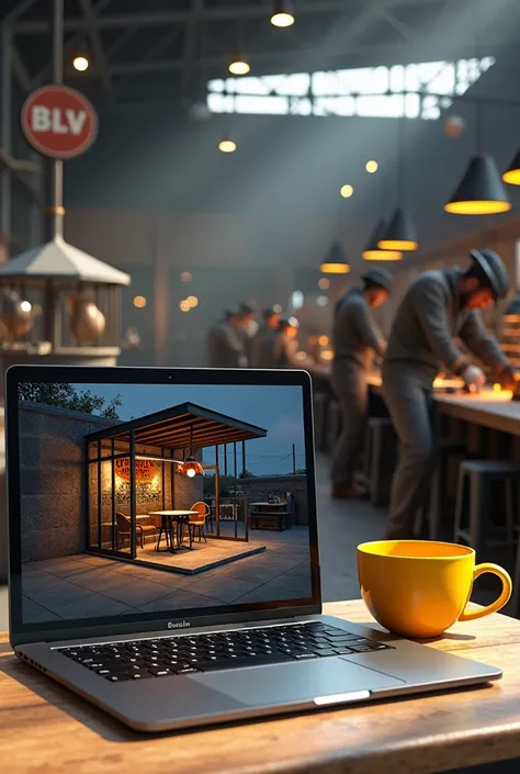 Laptop screen shot showing 3d design of iron frame cafe. Beside the laptop is a black vape the size of a finger and a yellow coffee cup.. Behind the laptop there are several welders welding iron fences and canopies in a large warehouse with lots of iron po...