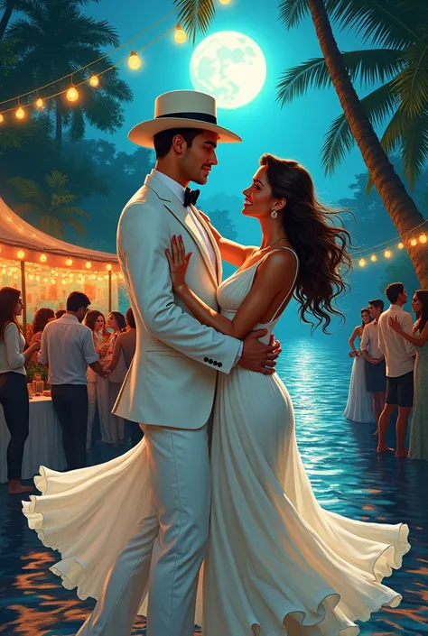 use the same character to make a man, handsome young man with blue eyes in a white suit and a formal hat dancing elegantly with a girl at a riverside party in the Brazilian Amazon, on a moonlit night. in comic style.