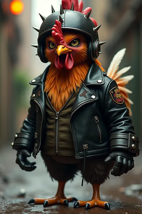 Chicken biker with jacket and spiked helmet 
