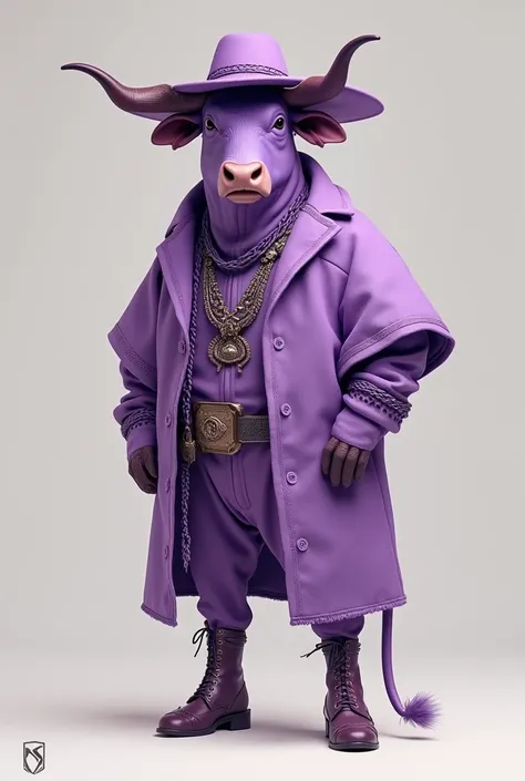 Bull on two legs wearing traditional gaucho clothing in lilac color
