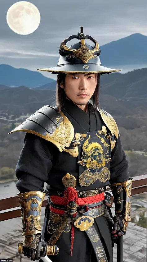 An impressive portrait of Date Masamune, the iconic one-eyed samurai lord. Masamune is wearing a full set of ornate samurai armor, decorated with golden accents and the emblem of a crescent moon. His helmet features a prominent crescent moon crest, symboli...