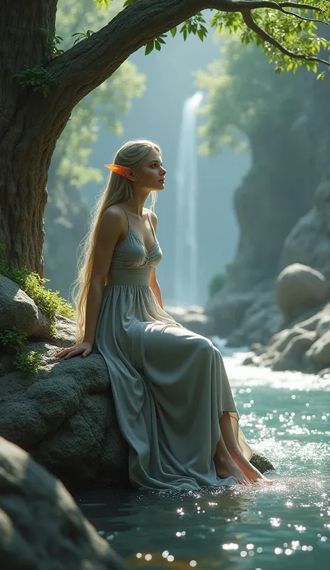 Full body portrait. A beautiful female elf wearing a gray and white dress is sitting on a river rock. The background is a beautiful lion full of rocks with a big tree on the side This scene is a very detailed and professional 3D digital art. professional l...