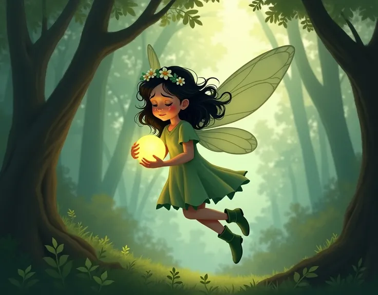 at a forest ,A little fairy, fly away, Brunetette, with wavy black hair, flower tiara, light green boots, wings and light green dress, was crying, muito triste, holding a little ball, that shone a little