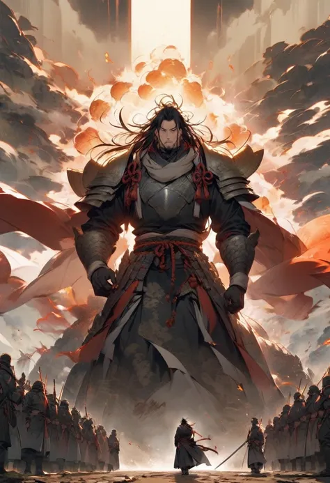 An imposing samurai, significantly taller than those around him, walks through a battlefield with an aura of invincibility. The soldiers around him glance up in awe and fear."