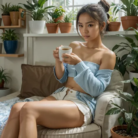 
Portrait of a beautiful young Thai woman sitting on a bed holding a hot cup of coffee, wearing a loose off-shoulder blue and white shirt, shorts, and a messy bun indoors., soft light, Potted plants in the background, Sunlit windows, Comfortable room, Rela...