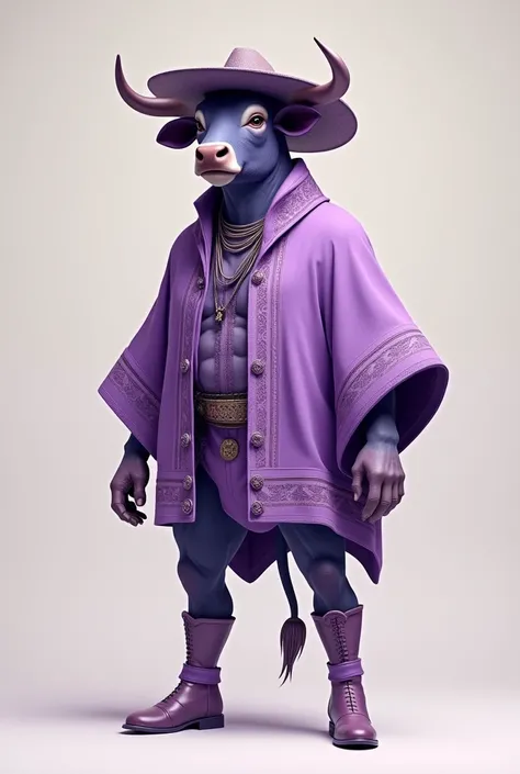 Bull on two legs wearing traditional gaucho clothing in lilac color
