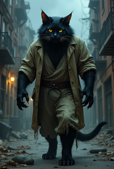 furry humanoid cat man with black fur, yellow eyes, big cat claws, Veterinarian&#39;s dress in the 1890s, thick build, high, stooped, gloomy, scratched, hurt. In the streets of an abandoned city at night. night sky