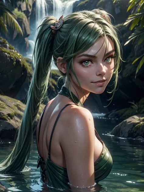 1girl, solo, hair ornament, green hair, twintails, long hair, dress, water,, mid shot portrait photo of (Faruzan) from Genshin Impact,, dark fantasy background, charming smirking., by Greg Rutkowski and Walt Disney ultra realistic highly detailed intricate...