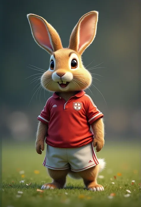 A RABBIT STANDING LOOKING FRONT, DRESSED IN A FIELD FOOTBALL PLAYERS UNIFORM, MASCOT STYLE, IN HIGH RESOLUTION