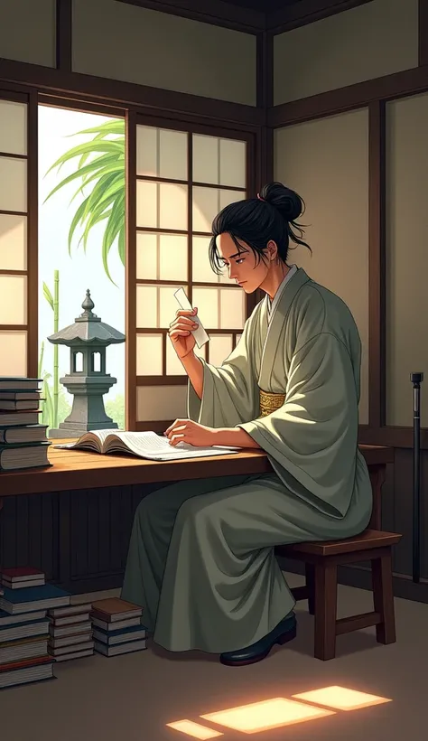 A thoughtful representation of Yoshida Shoin, the influential Japanese scholar and samurai. Shoin is sitting at a low wooden desk, reading a scroll with intense focus. He is wearing a traditional scholars robe, with simple patterns and a cloth belt. His ha...