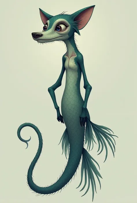  an animal with a long, narrow body,  Long and narrow head, floppy ears, dog nose, big eyes 4 fins, with a monkey tail and scaly skin
