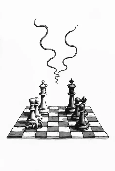 Imagine a black and white drawing showing two chess boards side by side. On the left board, The chess pieces are in a defeat position, with the king fallen and the other pieces in disarray. On the right board, The chess pieces are in a winning position, wi...