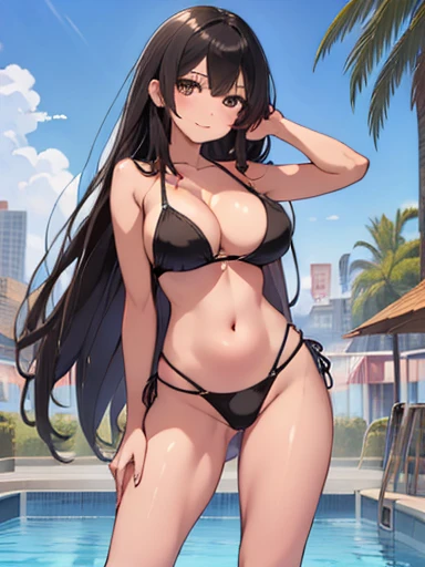 masterpiece, High resolution, High resolution, High resolution, girl, , cute, adorable, smiling, straight hair, long hair, black hair,  standing, Swayback stance, Cleavage,  looking at the camera, From the front, from thighs to head, pool, daylight, bikini