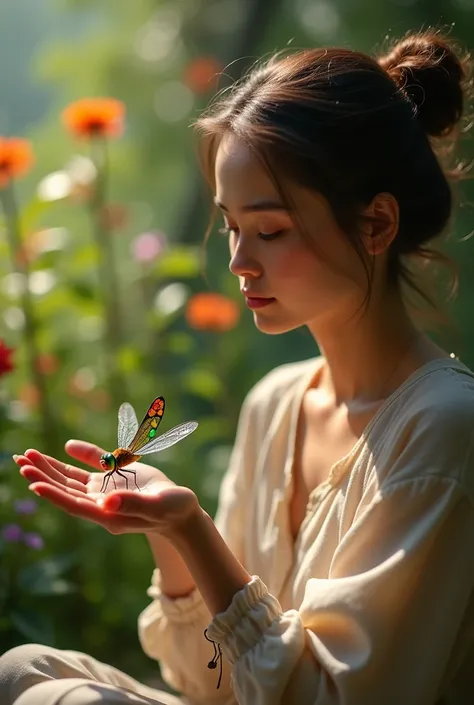 close-up of a colorful dragonfly, shimmering wings and bright green eyes, sitting on a womans hand. The woman sits peacefully in her garden, surrounded by vibrant flowers and greenery, the scene capturing a moment of quiet reflection and natural beauty. Th...