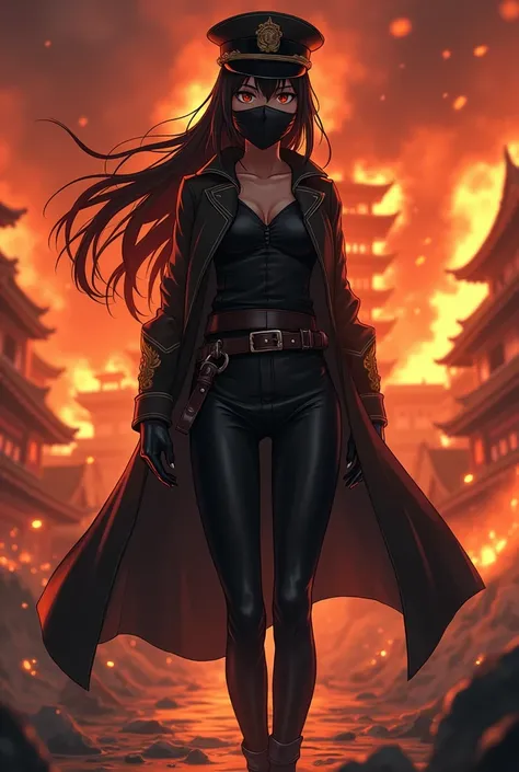 angry female anime wearing a long black jacket and tight clothes, wearing a war generals hat, wearing a mask, the atmosphere in the Japanese castle is on fire, full of aura