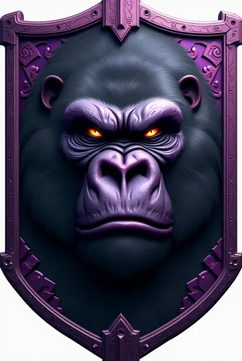 Create a shield with a gorilla&#39;s face, predominantly black, purple details, make it very angry 