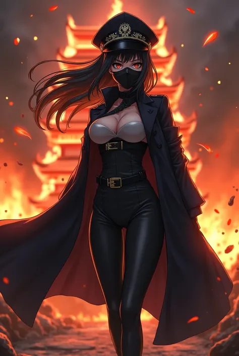 angry female anime wearing a long black jacket and tight clothes, wearing a war generals hat, wearing a mask, the atmosphere in the Japanese castle is on fire, full of aura