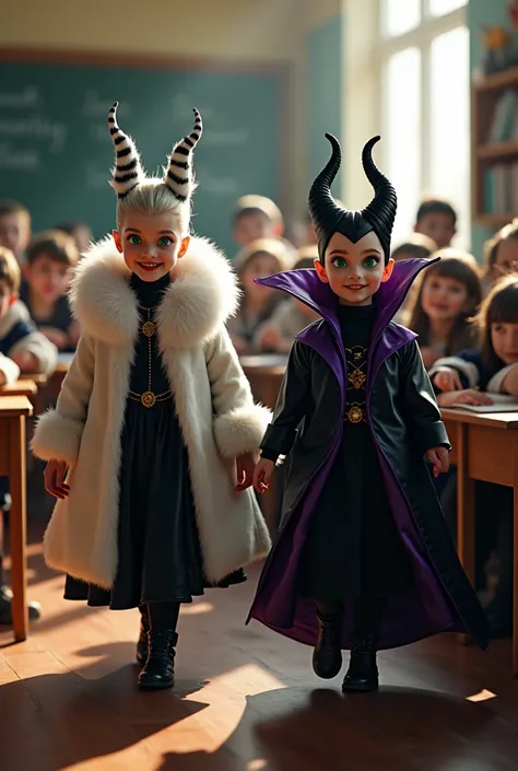 Cruella and Maleficent children dressed up in school classroom 

