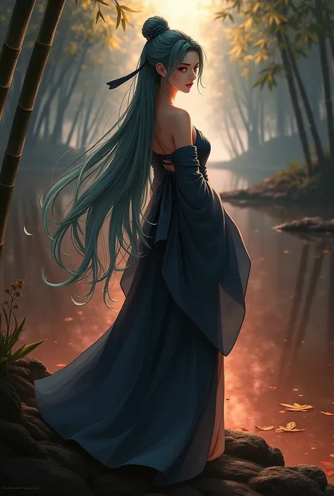 Masterpiece, Best Quality, Official Art, 8k Wallpaper, Very Detailed, Illustration, 1 Girl, Sky Blue Hair, Long Hair, Detailed Eyes, Forrest Gump, Bare Shoulders, Hanfu, Lake, Pure, Soft Smile, bamboo, tea