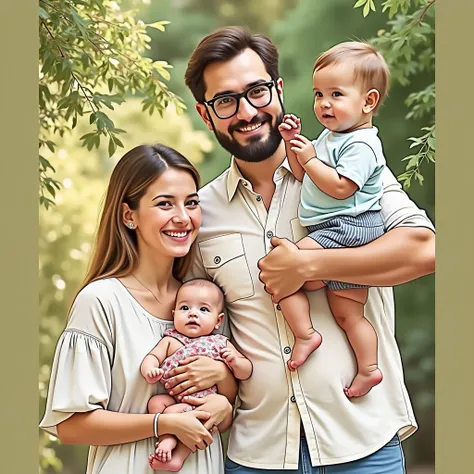 Taking Family picture with mom and dad have boy baby in hand.dad wearing specs. Boy have less hair