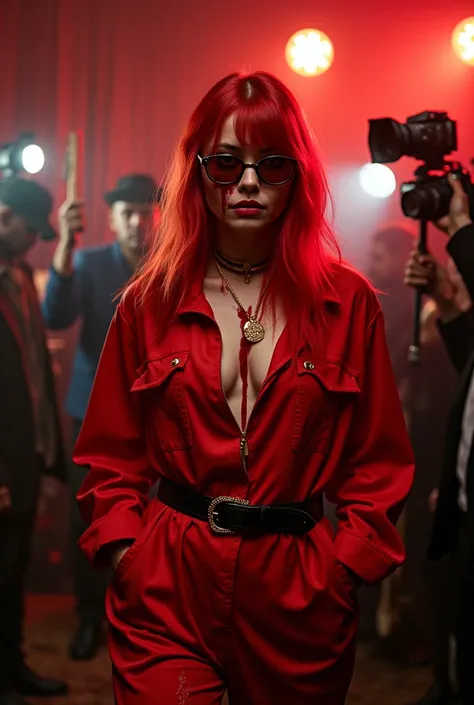 redhead woman with blood glasses red clothes with blood,leaving a music studio,several paparazzi with flashes,Studio background with instruments 