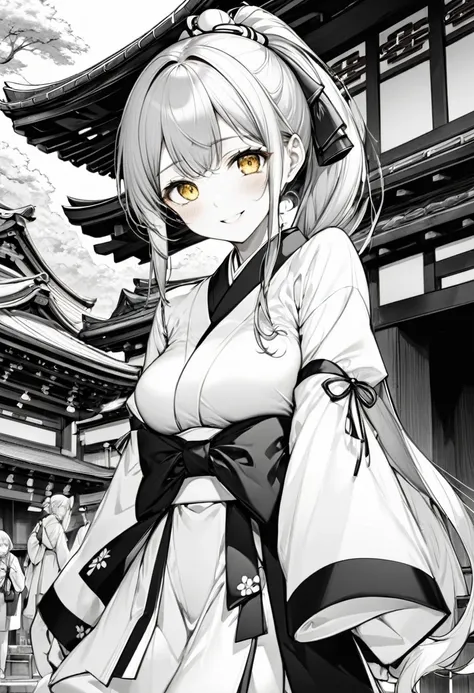 ((monochrome style)), (15 yo) (beautiful ponytail) (beautiful detailed gray hair long hair), (immensely cute girl) (best cute yellow eyes) (Embarrassed look smile) (medium:1.3 tits), in a detailed shrine maiden clothes, break, in the white and black Dazaif...