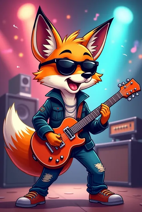 Fox playing guitar, cartoon, rock and roll and funky