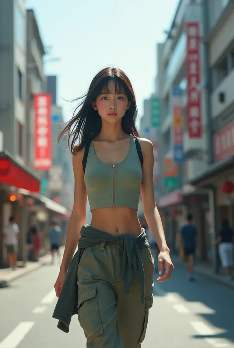 Realistic photo of Japanese girl going though the street wearing Crop top, cargo pants and zip up swestshirt tied around her waist