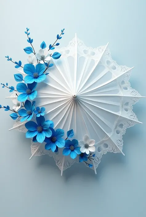 (photorealism:1.2), White lace parasol decorated with many different types of blue and white paper flowers