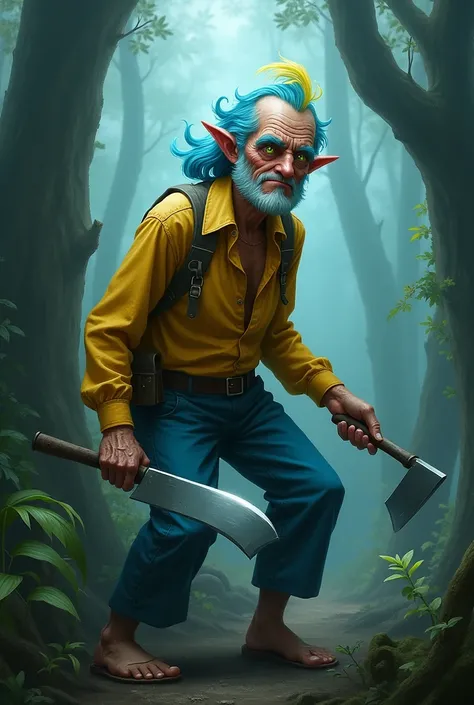 An old man with blue hair and a yellow streak,with blue pants,bright green eyes,that is in a foggy forest,that has a shiny iron machete,have a yellow shirt 