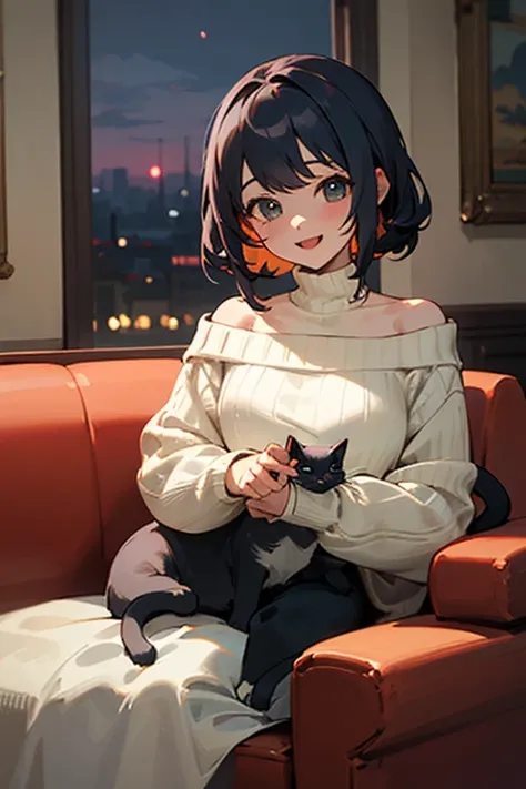 ((Highest quality)), ((masterpiece)), (detailed), One girl, Off-the-shoulder sweater, best quality, ultra detailed, a kitty, happy, in the living room, with a sofa, with a table, at dusk