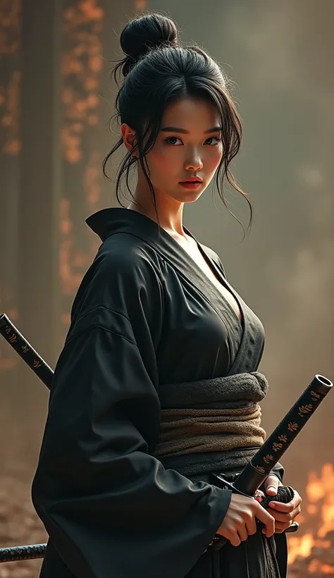 Samurai Girl, Her short black hair was tied back, Wearing a Japanese kimono and hakama, Two Japanese swords are crossed at her waist., ((masterpiece, Highest quality, Best image quality, High resolution, Realistic, RAW Photos, 8k)), ((Highly detailed CG sy...