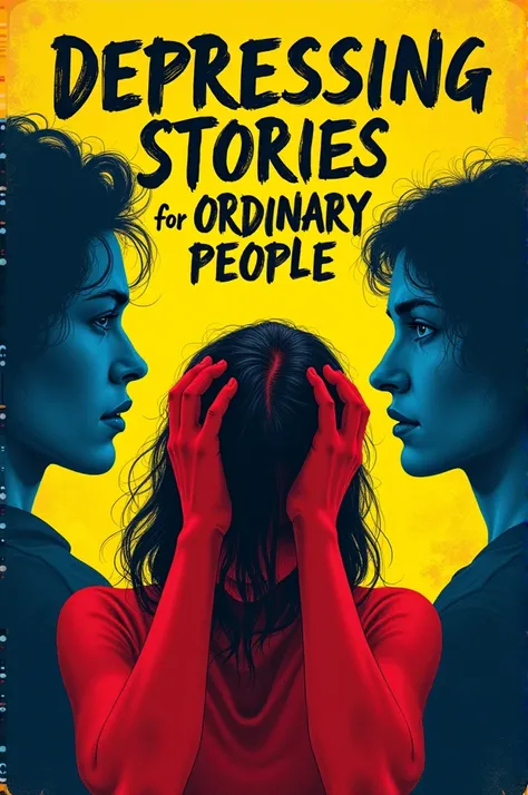 Create a cover for a book called "Depressing stories for ordinary people" in Spanish, with the colors yellow, red, blue and black:

The cover has a bright yellow background that represents the energy and intensity of mania.. In the middle, hay una imagen e...