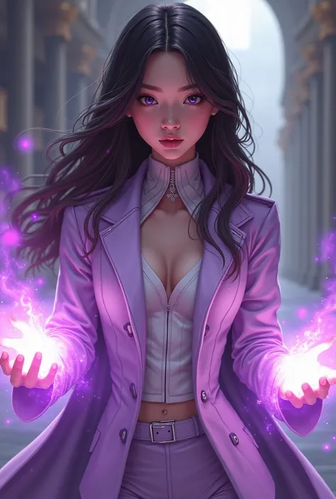 Teenager with long, semi-wavy dark brown hair, thin and almond skin, purple and blue eyes, purple magic through her hands, in agent suit/Superhero with royal style and neutral colors with certain lilac tones, a light lilac coat.