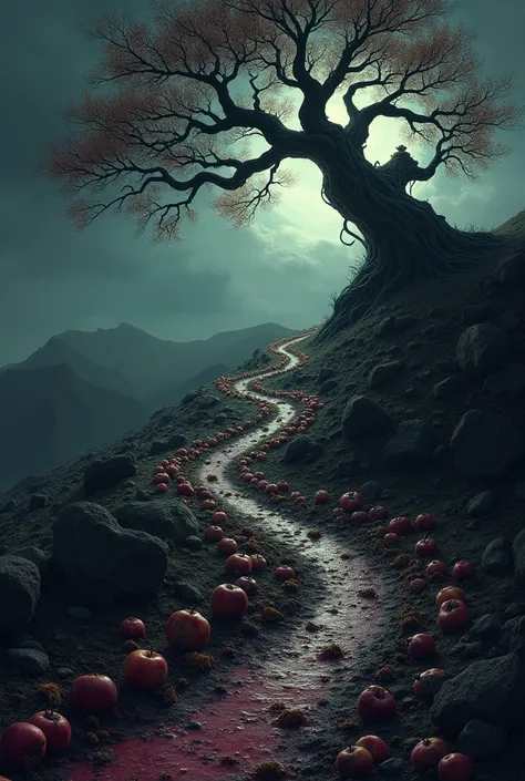 A trail of rot from the top of an apple tree hill to the bottom at night