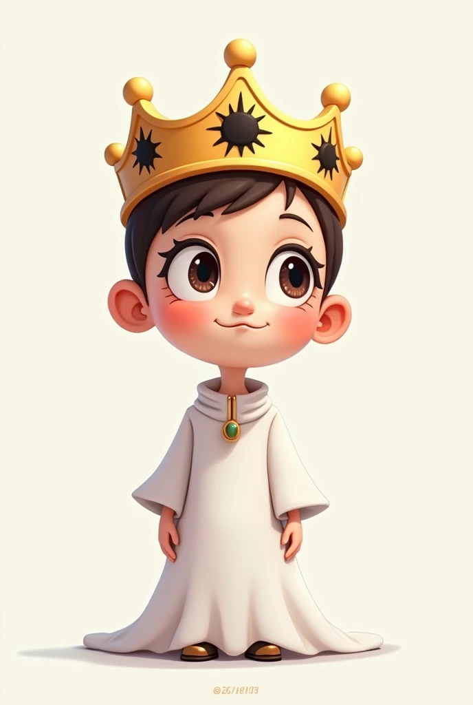 character with crown white clothes with a small  with black sun with head and neck cartoon style Minecraft